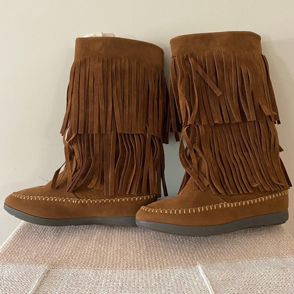 Corky's Mohawk fringe leather/suede boots brown/rust tan stitching mixed sz 6